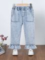 Little Girls' Elastic Waist Peplum Hem Straight Leg Jeans