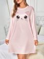 Women's Cat Printed Round Neck Nightgown