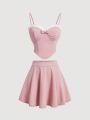 SHEIN MOD Bow Knot Decorated Cami Top And Skirt Set With Ruffle Hem