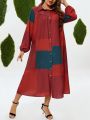 Plus Size Lantern Sleeve Contrast Color Shirt Dress