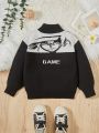 SHEIN Kids EVRYDAY Toddler Boys' Casual Stand Collar Sweater With Letter Print