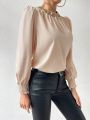 SHEIN Essnce Women's Sequin Patchwork Round Neckline Shirred Cuff Blouse