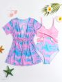 Girls' (Big) Marble Printed One Piece Swimwear With Mesh Cover Up