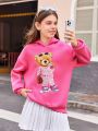 SHEIN Kids EVRYDAY Tween Girls' Knitted Loose Fit Hoodie With Bear Print