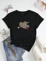 Plus Size Women'S Printed Arrow & Heart Pattern Short Sleeve Tee With Regular Shoulder