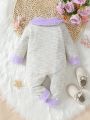 Infant Girls' Furry Collar Plaid Romper With Pants, Suitable For Parties In Spring And Autumn