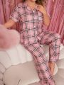 Plus Size Women'S Plaid Short Sleeve Shirt And Long Pants Pajama Set