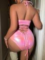 SHEIN Swim SXY Plus Size Cross Back Holographic One-piece Swimsuit