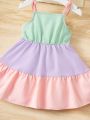 SHEIN Baby Colorblock Knotted Shoulder Ruffle Hem Cami Dress
