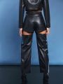 Robbin Girl Cut Out Buckle Detail PU Leather Pants