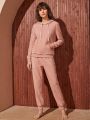SHEIN Valentines Women'S Solid Color Hooded Sweatshirt And Jogger Pants Pajama Set