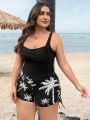SHEIN Swim Classy Plus Coconut Tree Print Drawstring Side Bikini Swimsuit