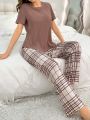 Solid Color Top & Checkered Pants Pajama Set