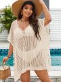 SHEIN Swim Vcay Plus Batwing Sleeve Split Thigh Open Knit Cover Up Dress Without Bikini