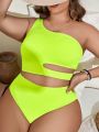 SHEIN Swim Basics Plus Size One Shoulder Cutout Ribbed Knit High Waisted Bikini Swimsuit Set