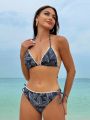 SHEIN Swim Vcay Women'S Split Strap Leaf Printed Halter Bikini Set, Random Print