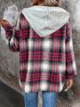 Plaid Print Drop Shoulder Drawstring Hooded Coat