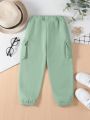Little Girls' Fashionable Fleece-Lined Jogger Pants With Side Pockets, Simple And Casual, Suitable For Autumn And Winter