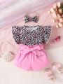 Baby Girls' Vintage Chic Leopard Print Belted Short Cool Bodysuit And Shorts Set