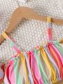 SHEIN Kids SUNSHNE 2pcs/Set Toddler Girls' Vacation Cute Rainbow Striped Top With Spaghetti Straps And Ruffled Pants Set For Summer