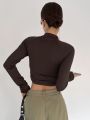 Dazy Star Solid Color Zipper Detail Long Sleeve Crop Top