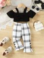 Baby Girl 2pcs/Set Cute Hollow Out Shoulder Short Sleeve Top And Checked Long Pants Outfit, Spring