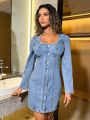 SHEIN BAE Solid Color Denim Dress With Button Closure