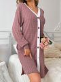 Contrast Trim Button Front Home Robe With Rolled Cuffs