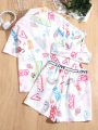 Mommy And Me Matching Outfits For Teen Girls, Colorful Letter Graffiti Casual Short-Sleeved Shirts, Shorts And Camisoles, Suitable For Daily Wear And Beach Vacation. (4 Sets Sold Separately)