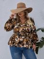 SHEIN VCAY Women'S Plus Size Floral Print V-Neck Blouse With Shirred Cuffs