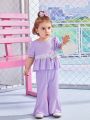 2pcs Baby Girl Spring/Summer Outfit Purple Bow-Knot Round Neck Top And Pants