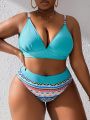 SHEIN Swim BohoFeel Plus Size Geometric Printed Splicing Swimsuit Set