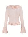 SHEIN ENCHNT Women's Solid Color Ruffled Hem Bell Sleeve Tie Waist Shirt