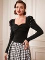 SHEIN DECDS Vintage Elegant Top For New Year's Christmas Party With Pleated Front, Twisted Knot, Pearl & Stud Decor Long Sleeve T-Shirt