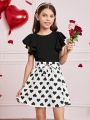 SHEIN Kids FANZEY Tween Girls' Round Neck Ruffle Knitted Tee With Detachable Heart Print Waist Belt And Skirt Set