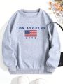 Women's Grey Round Neck Sweatshirt With American Flag Print