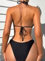 SHEIN Swim SXY Women's Pearl-embellished Waist Cutout Halterneck One-piece Swimsuit