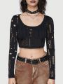 Grunge Punk Women's Distressed Cutout Back Knot Crop Top