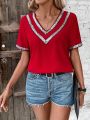 Color Block Shiny Sequin Decorated V-Neck Short Sleeve Blouse