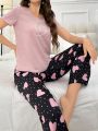 Heart Printed Short Sleeve T-Shirt And Long Pants Pajama Set