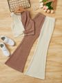 SHEIN Kids EVRYDAY Girls Two Tone Twist Front Tank Top & Flare Leg Pants