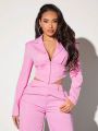 SHEIN SXY Lapel Collar Short Crop Suit Jacket With Pointed Hem