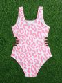 Little Girls' One-piece Halter Hollow Out Swimsuit With Random Print