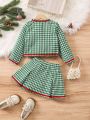 Young Girl Houndstooth Print Bow Front Jacket & Fold Pleated Skirt