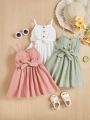 SHEIN Baby Girl Casual Solid Color Dress Set With Suspender And Waistband, 3pcs