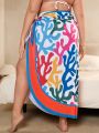 SHEIN Swim Vcay Plus Size Women's Printed Full Length Cover Up With Side Knot Detail