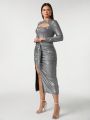 Sara Cennamo Plus Cut Out Front Split Thigh Glitter Dress