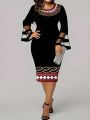 Plus Size Women's Geometric Pattern Flare Sleeve Dress