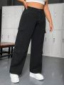 Plus Size Women's Solid Color Wide-leg Jeans With Large Pockets