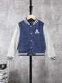 SHEIN Tween Boy Letter Patched Striped Trim Colorblock Denim Varsity Jacket Without Tee